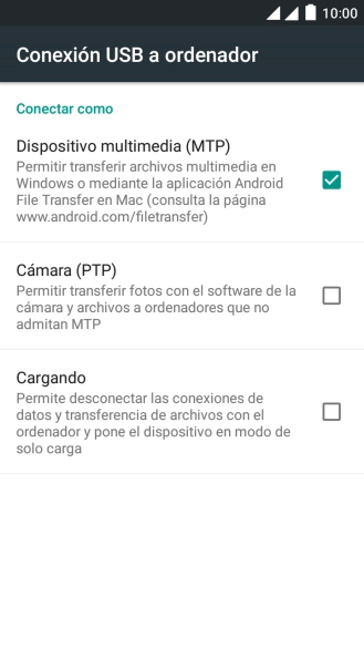 Pulsa Dispositivo multimedia (MTP) para activar la función.