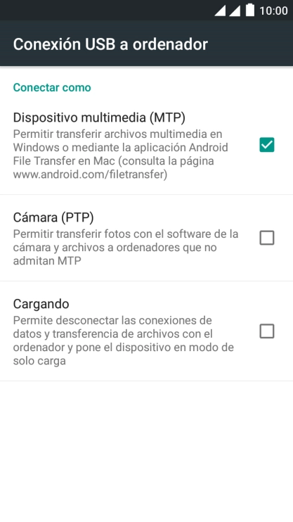 Pulsa Dispositivo multimedia (MTP) para activar la función.