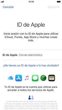 Si no tienes un ID de Apple, pulsa ¿No tienes un ID de Apple o lo has olvidado? y sigue las indicaciones de la pantalla para ver cómo crear un ID de Apple.