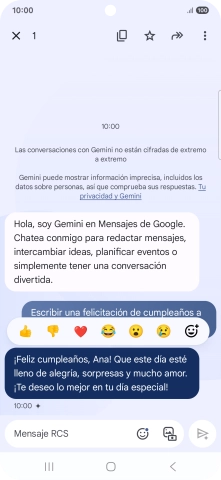 Pulsa la propuesta de texto de Gemini durante unos instantes. Sigue las indicaciones de la pantalla para utilizar el texto propuesto.