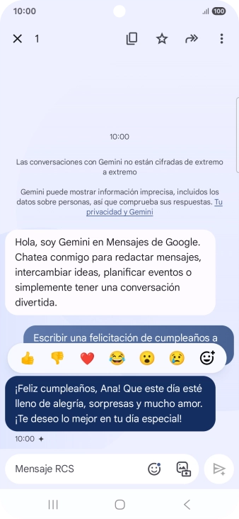 Pulsa la propuesta de texto de Gemini durante unos instantes. Sigue las indicaciones de la pantalla para utilizar el texto propuesto.