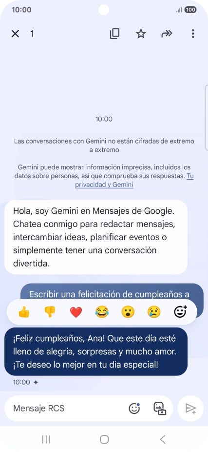 Pulsa la propuesta de texto de Gemini durante unos instantes. Sigue las indicaciones de la pantalla para utilizar el texto propuesto.