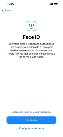 Sigue las indicaciones de la pantalla para activar el uso del reconocimiento facial (Face ID) o pulsa Configurar más tarde.