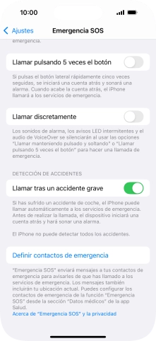Pulsa Definir contactos de emergencia y sigue las indicaciones de la pantalla para insertar la información y tus contactos de emergencia. Pulsa Definir contactos de emergencia y sigue las indicaciones de la pantalla para insertar la información y tus contactos de emergencia.