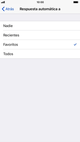 Pulsa el ajuste deseado para seleccionar qué contactos deben recibir un mensaje automático indicando que la función de 