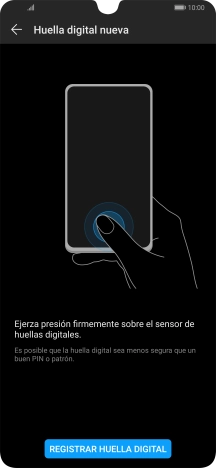 Pulsa REGISTRAR HUELLA DIGITAL y sigue las indicaciones de la pantalla para configurar una huella digital como código de seguridad del teléfono.