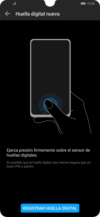 Pulsa REGISTRAR HUELLA DIGITAL y sigue las indicaciones de la pantalla para configurar una huella digital como código de seguridad del teléfono.