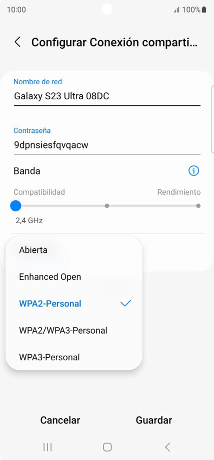 Pulsa WPA3-Personal para proteger la conexión wifi con una contraseña.