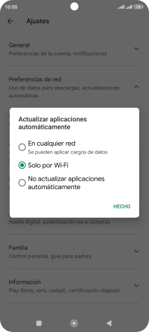 Para activar la actualización automática de apps utilizando la red móvil, pulsa En cualquier red. Para activar la actualización automática de apps utilizando la red móvil, pulsa En cualquier red.