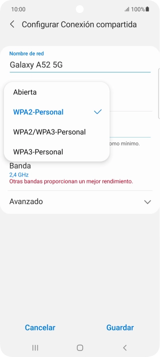 Pulsa WPA3-Personal para proteger la conexión wifi con una contraseña.