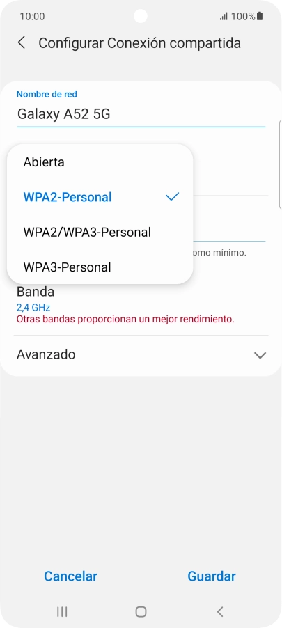 Pulsa WPA3-Personal para proteger la conexión wifi con una contraseña.
