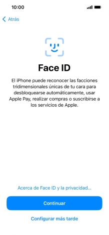 Sigue las indicaciones de la pantalla para activar el uso del reconocimiento facial (Face ID) o pulsa Configurar más tarde.