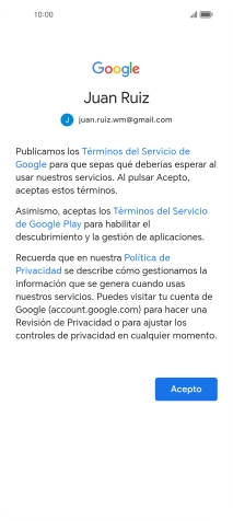 Pulsa Acepto y sigue las indicaciones de la pantalla para seleccionar los ajustes de tu cuenta de Google.