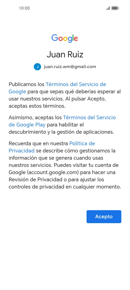 Pulsa Acepto y sigue las indicaciones de la pantalla para seleccionar los ajustes de tu cuenta de Google.