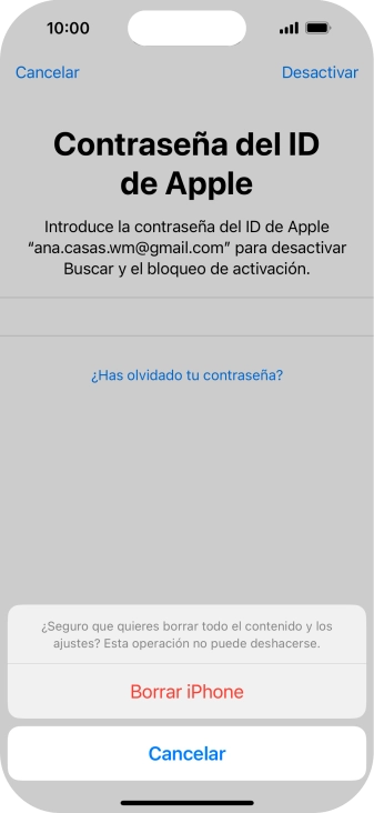 Introduce la contraseña de tu ID de Apple y pulsa Borrar iPhone. Espera unos instantes mientras el teléfono restablece la configuración predeterminada. Sigue las indicaciones de la pantalla para configurar el teléfono y dejarlo listo para su uso.