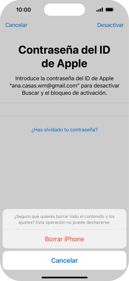 Introduce la contraseña de tu ID de Apple y pulsa Borrar iPhone. Espera unos instantes mientras el teléfono restablece la configuración predeterminada. Sigue las indicaciones de la pantalla para configurar el teléfono y dejarlo listo para su uso.
