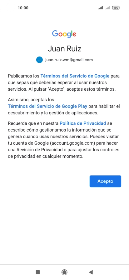 Pulsa Acepto y sigue las indicaciones de la pantalla para seleccionar los ajustes de tu cuenta de Google.