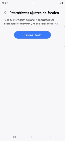 Pulsa Eliminar todo. Espera unos instantes mientras el teléfono restablece la configuración predeterminada. Sigue las indicaciones de la pantalla para configurar el teléfono y dejarlo listo para su uso.