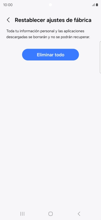 Pulsa Eliminar todo. Espera unos instantes mientras el teléfono restablece la configuración predeterminada. Sigue las indicaciones de la pantalla para configurar el teléfono y dejarlo listo para su uso.