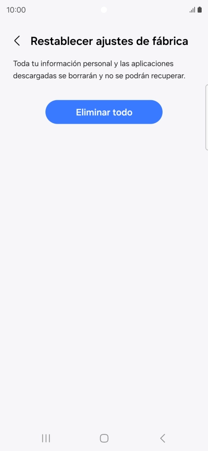 Pulsa Eliminar todo. Espera unos instantes mientras el teléfono restablece la configuración predeterminada. Sigue las indicaciones de la pantalla para configurar el teléfono y dejarlo listo para su uso.