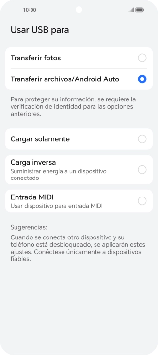 Pulsa Transferir archivos/Android Auto.