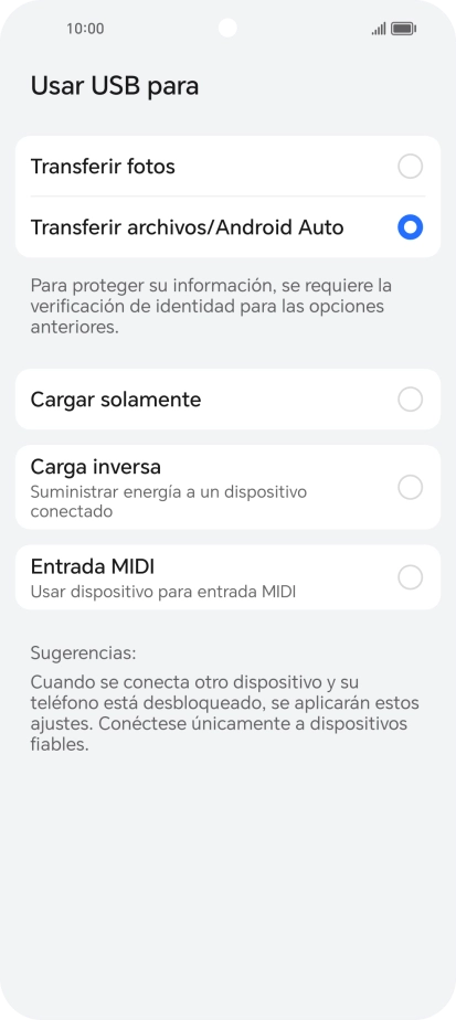 Pulsa Transferir archivos/Android Auto.