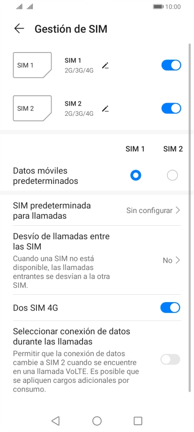 Pulsa el indicador junto a la tarjeta SIM deseada para activar o desactivar su uso.