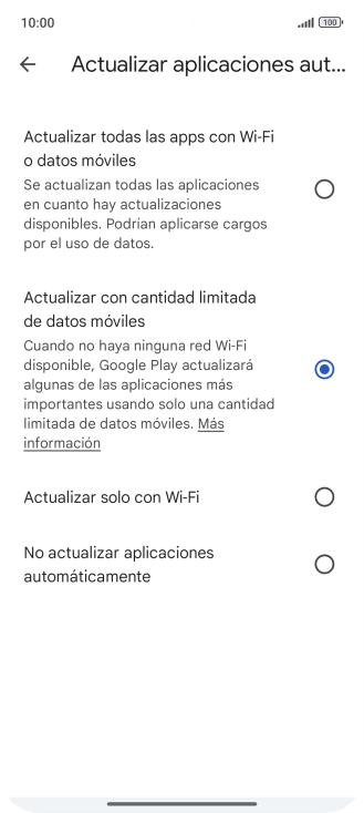 Para activar la actualización automática de apps a través de la red móvil, pulsa el campo junto a 