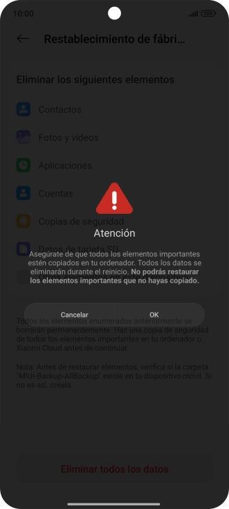 Pulsa OK. Espera unos instantes mientras el teléfono restablece la configuración predeterminada. Sigue las indicaciones de la pantalla para configurar el teléfono y dejarlo listo para su uso.