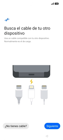 Si tienes un cable que pueda conectar ambos teléfonos, inserta el cable y sigue las instrucciones de la pantalla para transferir contenido a tu teléfono. Si no tienes un cable, pulsa ¿No tienes cable?.