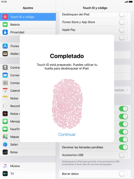 Pulsa Continuar. Si no has añadido anteriormente un código de seguridad, tendrás que introducir un código de libre elección dos veces consecutivas.