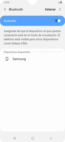 Pulsa el dispositivo Bluetooth deseado y sigue las indicaciones de la pantalla para vincular el dispositivo al teléfono. Pulsa el dispositivo Bluetooth deseado y sigue las indicaciones de la pantalla para vincular el dispositivo al teléfono.