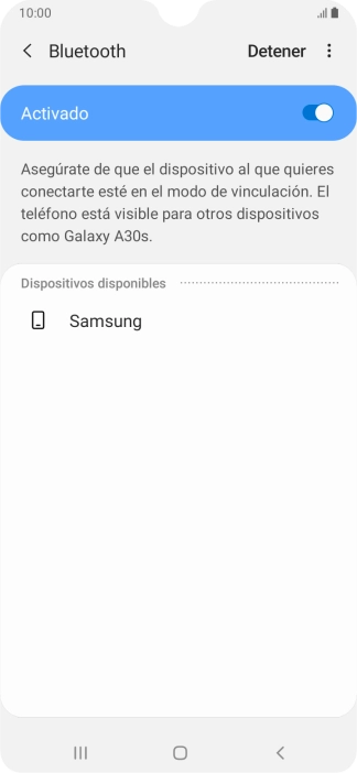 Pulsa el dispositivo Bluetooth deseado y sigue las indicaciones de la pantalla para vincular el dispositivo al teléfono. Pulsa el dispositivo Bluetooth deseado y sigue las indicaciones de la pantalla para vincular el dispositivo al teléfono.