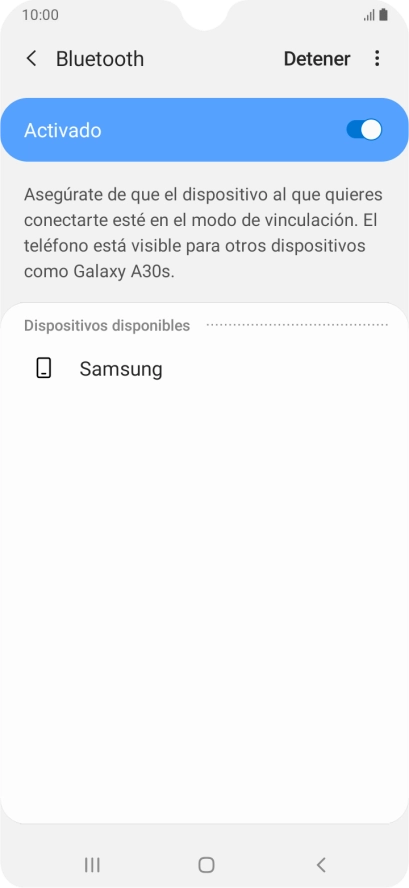 Pulsa el dispositivo Bluetooth deseado y sigue las indicaciones de la pantalla para vincular el dispositivo al teléfono. Pulsa el dispositivo Bluetooth deseado y sigue las indicaciones de la pantalla para vincular el dispositivo al teléfono.