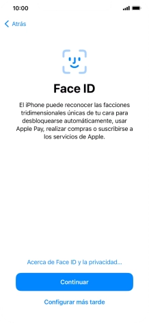 Sigue las indicaciones de la pantalla para activar el uso del reconocimiento facial (Face ID) o pulsa Configurar más tarde.