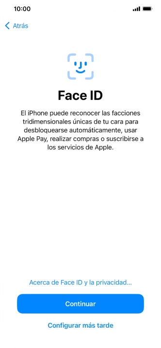 Sigue las indicaciones de la pantalla para activar el uso del reconocimiento facial (Face ID) o pulsa Configurar más tarde.