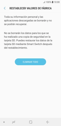 Pulsa ELIMINAR TODO. Espera unos instantes mientras el teléfono restablece la configuración predeterminada. Sigue las indicaciones de la pantalla para configurar el teléfono y dejarlo listo para su uso.