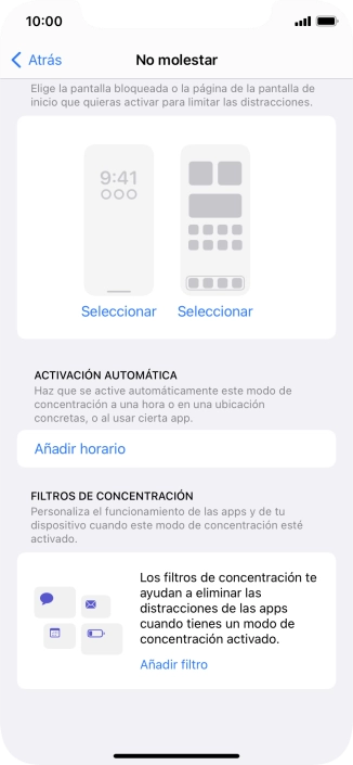 Pulsa Añadir horario y sigue las indicaciones de la pantalla para seleccionar los ajustes de la activación automática de No molestar. Pulsa Añadir horario y sigue las indicaciones de la pantalla para seleccionar los ajustes de la activación automática de No molestar.