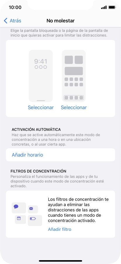 Pulsa Añadir horario y sigue las indicaciones de la pantalla para seleccionar los ajustes de la activación automática de No molestar. Pulsa Añadir horario y sigue las indicaciones de la pantalla para seleccionar los ajustes de la activación automática de No molestar.