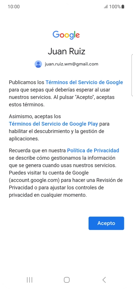 Pulsa Acepto y sigue las indicaciones de la pantalla para seleccionar los ajustes de tu cuenta de Google.