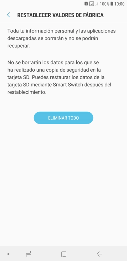 Pulsa ELIMINAR TODO. Espera unos instantes mientras el teléfono restablece la configuración predeterminada. Sigue las indicaciones de la pantalla para configurar el teléfono y dejarlo listo para su uso.