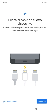 Si tienes un cable que pueda conectar ambos teléfonos, inserta el cable y sigue las instrucciones de la pantalla para transferir contenido a tu teléfono. Si no tienes un cable, pulsa ¿No tienes cable?.