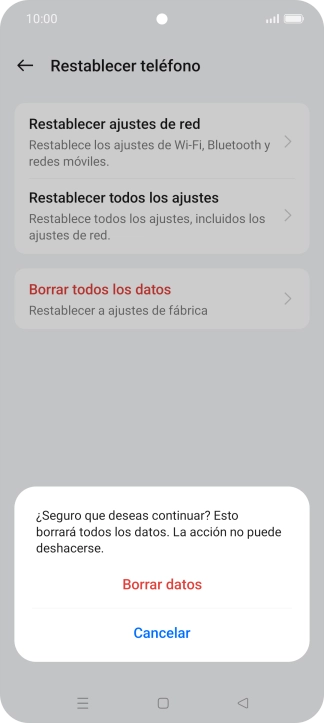 Pulsa Borrar datos. Espera unos instantes mientras el teléfono restablece la configuración predeterminada. Sigue las indicaciones de la pantalla para configurar el teléfono y dejarlo listo para su uso.