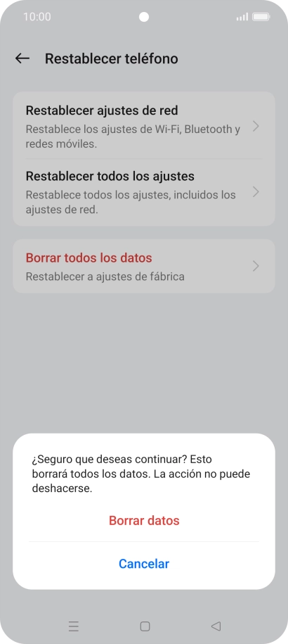 Pulsa Borrar datos. Espera unos instantes mientras el teléfono restablece la configuración predeterminada. Sigue las indicaciones de la pantalla para configurar el teléfono y dejarlo listo para su uso.