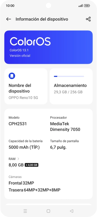Pulsa ColorOS. Si hay una versión de software nueva disponible, aparecerá ahora en la pantalla. Sigue las indicaciones de la pantalla para actualizar el software del teléfono.