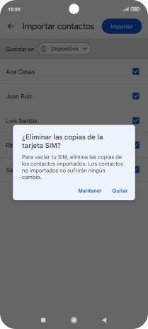 Si deseas conservar los contactos importados en la tarjeta SIM, pulsa Mantener.