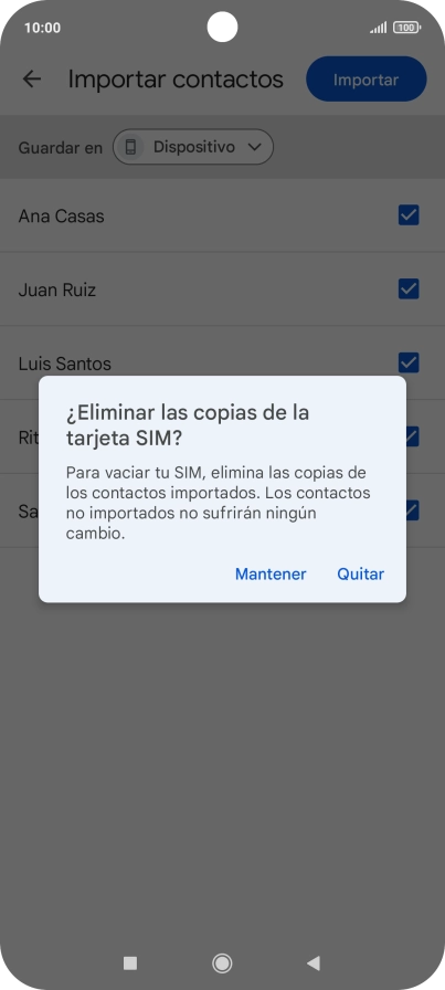 Si deseas conservar los contactos importados en la tarjeta SIM, pulsa Mantener.