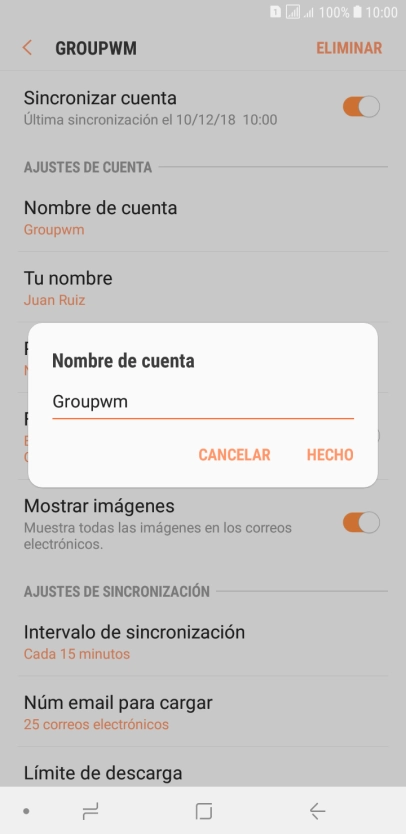 Introduce el nombre deseado de la cuenta de correo electrónico y pulsa HECHO.
