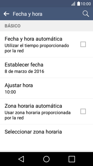 Pulsa Fecha y hora automática para activar la función.