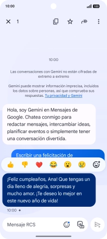 Pulsa la propuesta de texto de Gemini durante unos instantes. Sigue las indicaciones de la pantalla para utilizar el texto propuesto.
